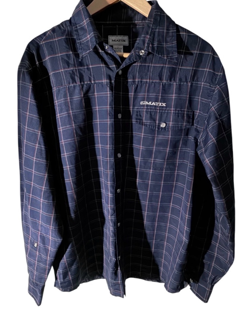 Vintage matix Men’s navy blue plaid shirt Size Large Pearl Snap